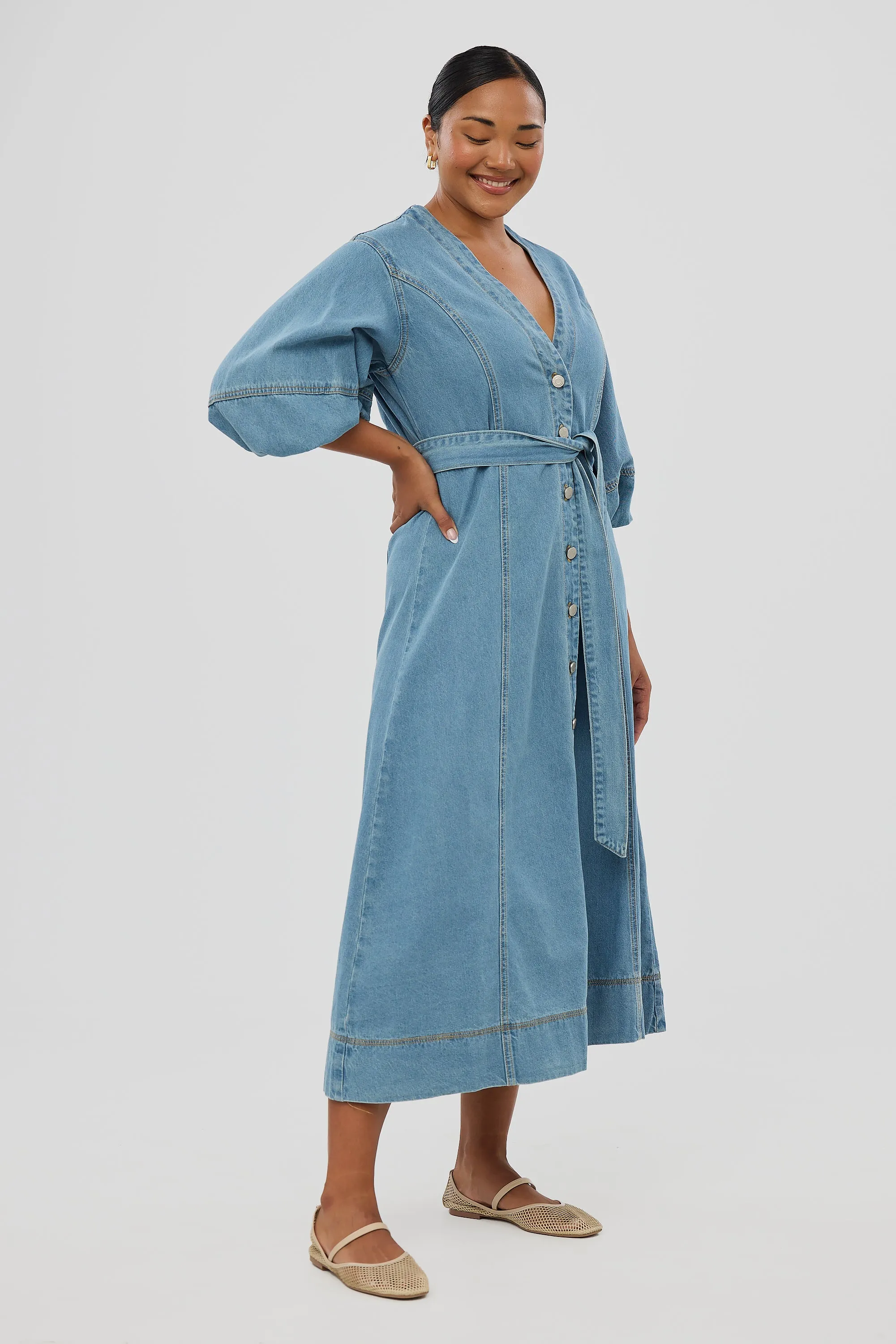 Lantern Sleeve Midi Dress - Mid Blue Wash