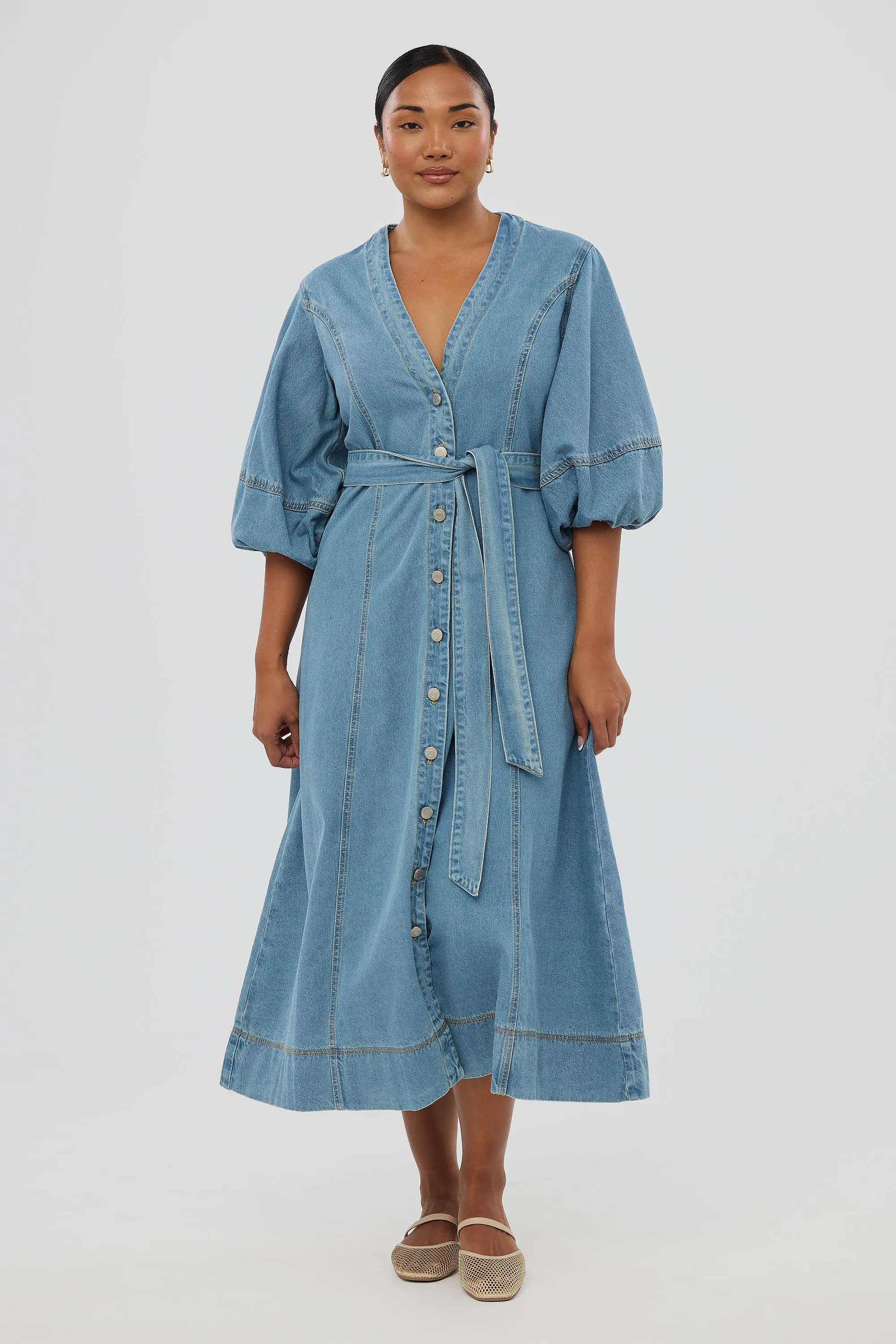 Lantern Sleeve Midi Dress - Mid Blue Wash
