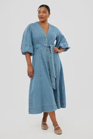 Lantern Sleeve Midi Dress - Mid Blue Wash