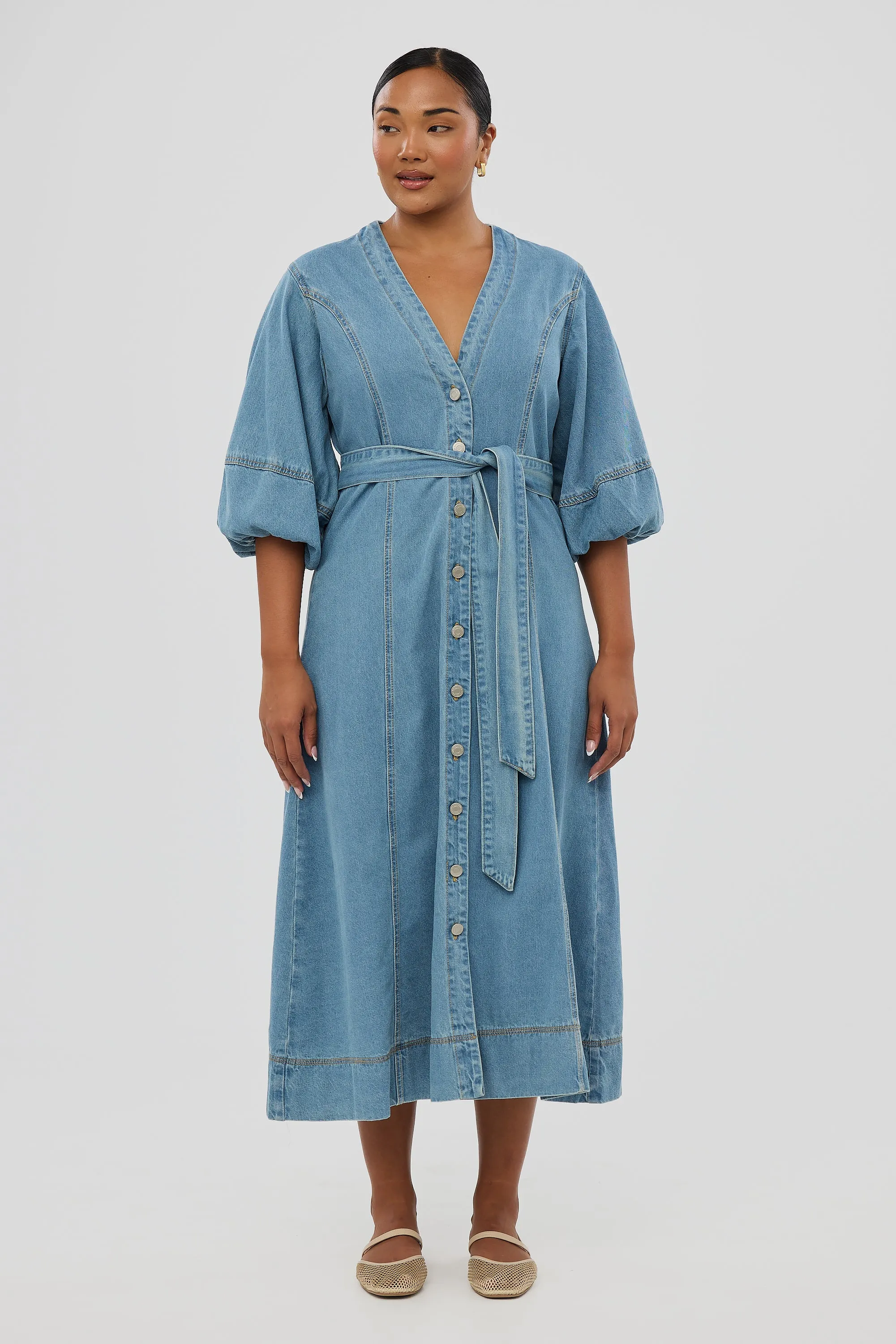 Lantern Sleeve Midi Dress - Mid Blue Wash