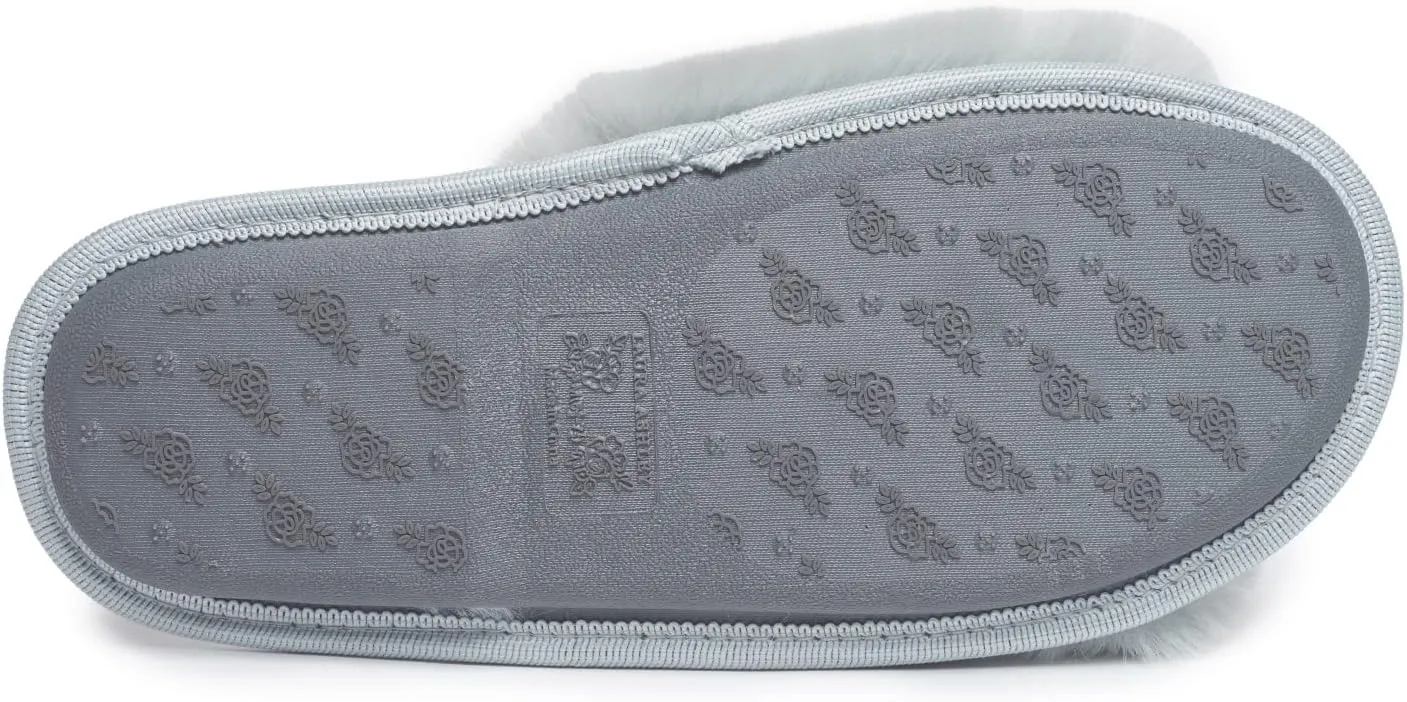 Laura Ashley Open Toe Fluffy Band Slippers for Women with Non-Skid Rugged Sole, Plush Terry Slippers for Ladies