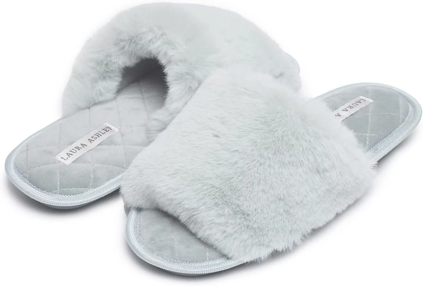 Laura Ashley Open Toe Fluffy Band Slippers for Women with Non-Skid Rugged Sole, Plush Terry Slippers for Ladies
