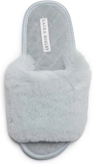 Laura Ashley Open Toe Fluffy Band Slippers for Women with Non-Skid Rugged Sole, Plush Terry Slippers for Ladies
