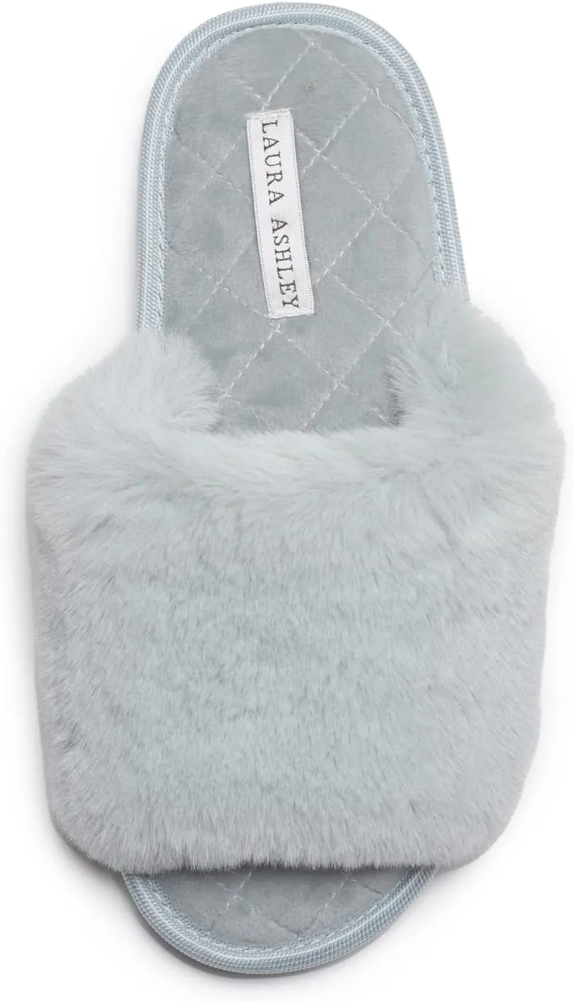 Laura Ashley Open Toe Fluffy Band Slippers for Women with Non-Skid Rugged Sole, Plush Terry Slippers for Ladies