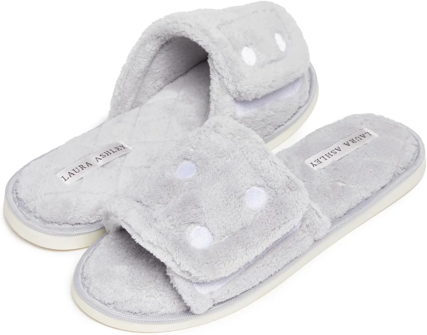 Laura Ashley Open Toe Velcro Band Fluffy Scuff Slippers for Women with Non-Slip Sole, Plush Memory Foam Slippers