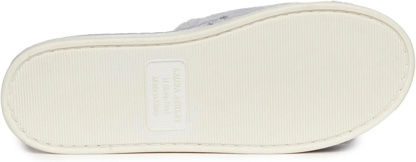 Laura Ashley Open Toe Velcro Band Fluffy Scuff Slippers for Women with Non-Slip Sole, Plush Memory Foam Slippers