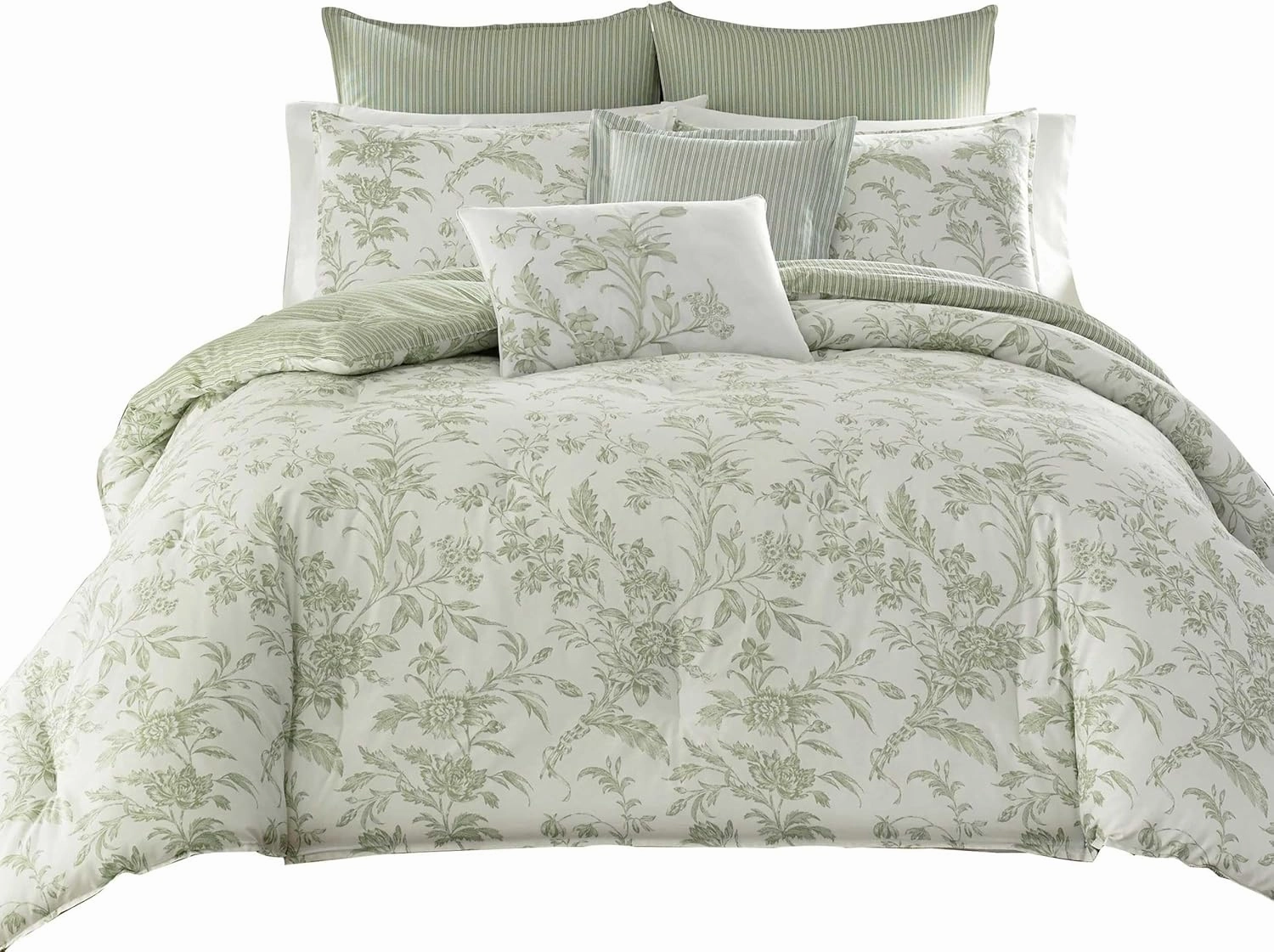 Laura Ashley Home - Queen Duvet Cover Set, Reversible Cotton Bedding, Includes Matching Shams with Bonus Euro Shams & Throw Pillows (Natalie Green, Queen)