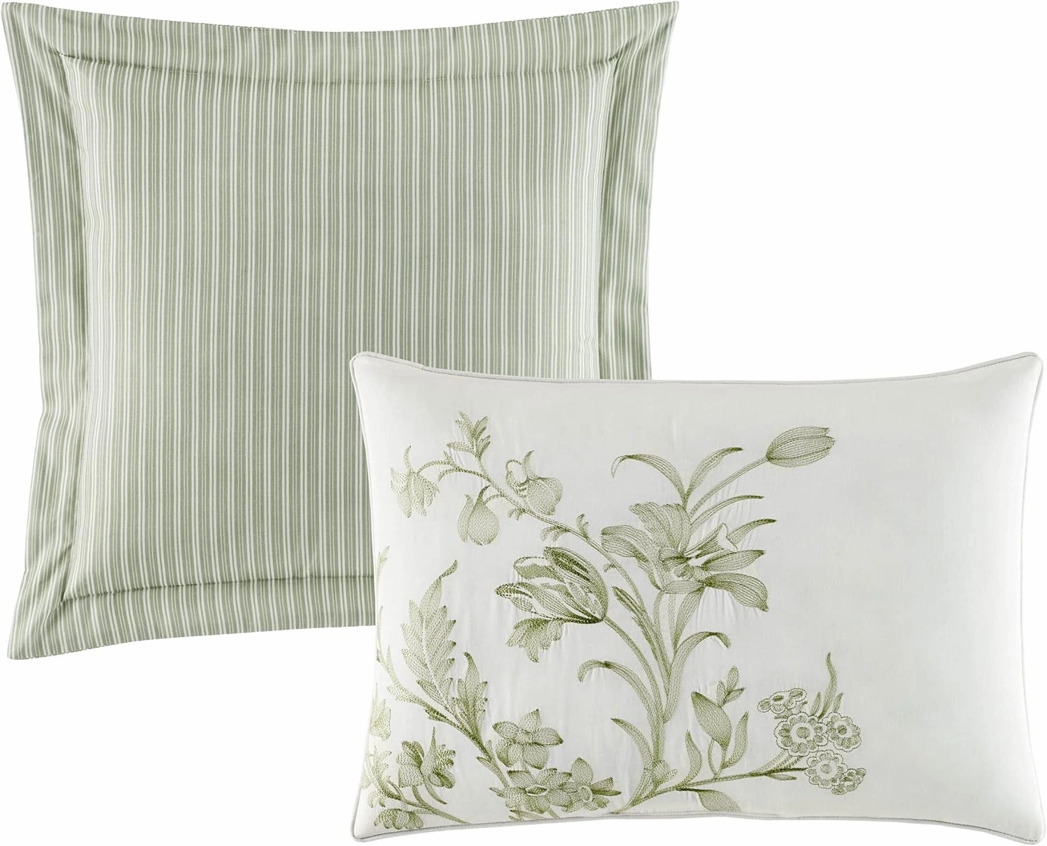 Laura Ashley Home - Queen Duvet Cover Set, Reversible Cotton Bedding, Includes Matching Shams with Bonus Euro Shams & Throw Pillows (Natalie Green, Queen)