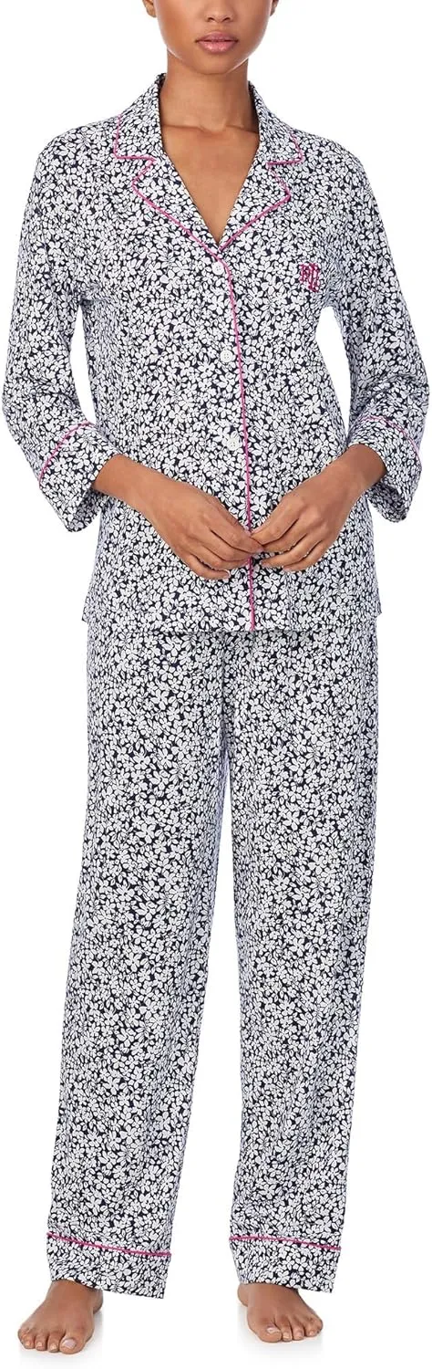 Lauren Ralph Lauren Women's 3/4 Sleeve Notch Collar Long Pants Pajama Set