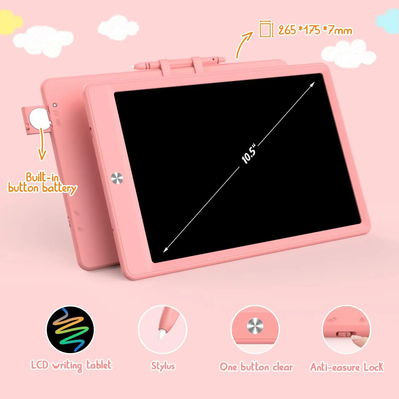 LCD Writing Tablet Doodle Board, Colorful Drawing Pad, Electronic Drawing Tablet, Drawing Pads,Travel Gifts for Kids Ages 3 4 5 6 7 8 Year Old Girls Boys (10.5 inch, Orange Pink)