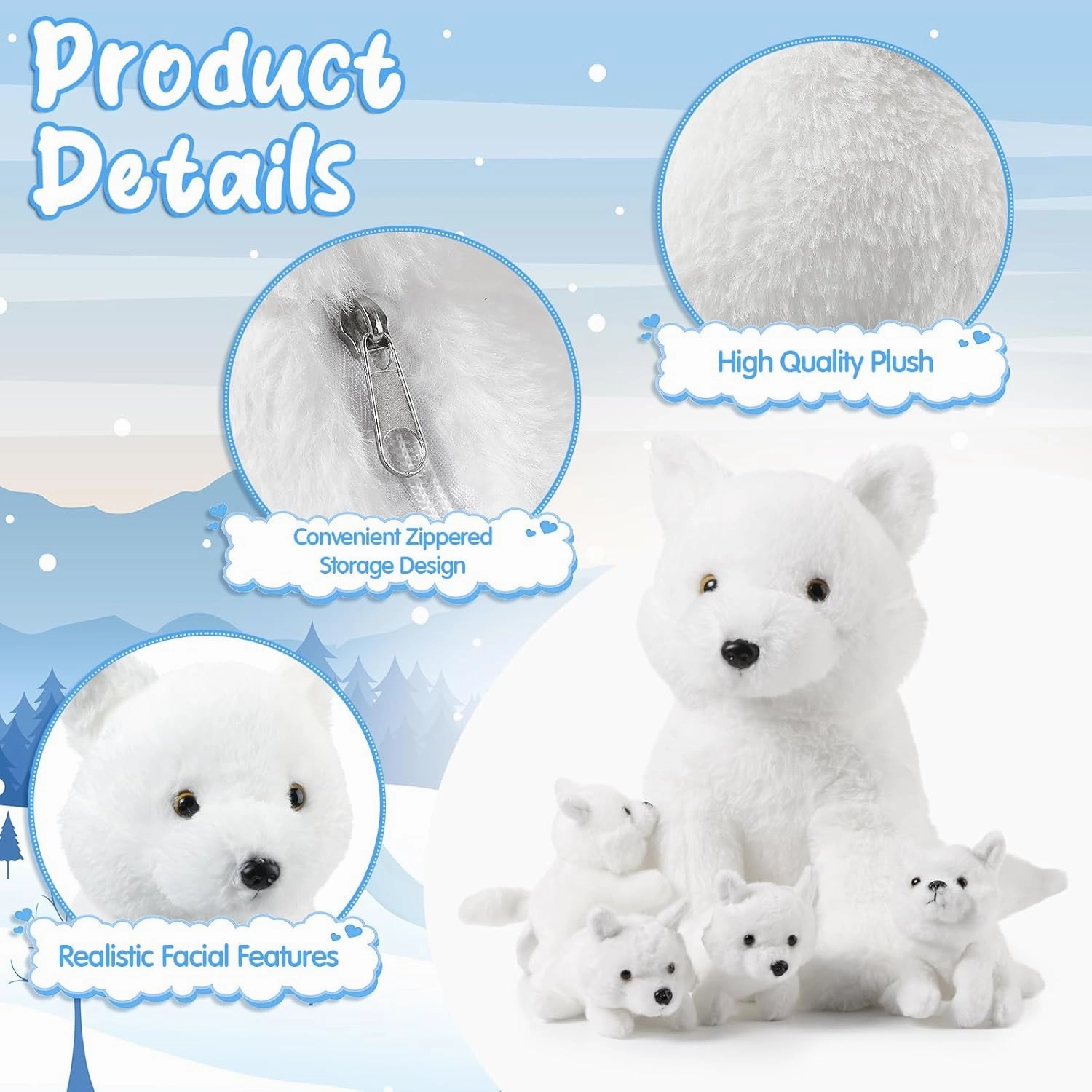 Lenwen 5 Pcs Stuffed Animal Bulk 1 Mommy Plush with 4 Cute Babies Plush Wild Stuffed Animal Toy for Boys Girls Birders Zoo Gifts (White Wolf)