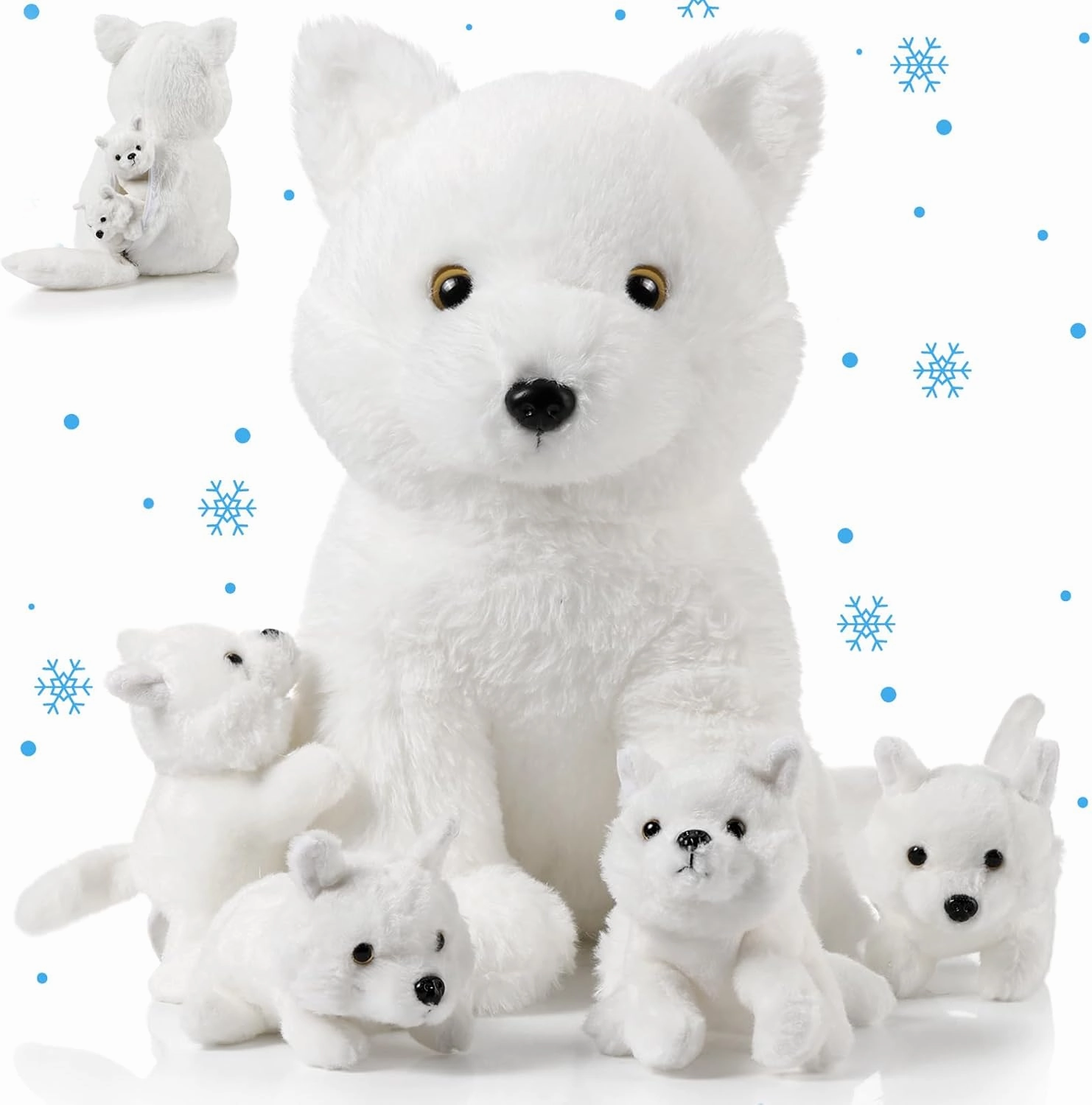 Lenwen 5 Pcs Stuffed Animal Bulk 1 Mommy Plush with 4 Cute Babies Plush Wild Stuffed Animal Toy for Boys Girls Birders Zoo Gifts (White Wolf)