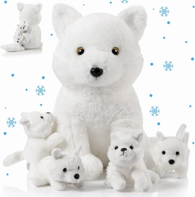 Lenwen 5 Pcs Stuffed Animal Bulk 1 Mommy Plush with 4 Cute Babies Plush Wild Stuffed Animal Toy for Boys Girls Birders Zoo Gifts (White Wolf)