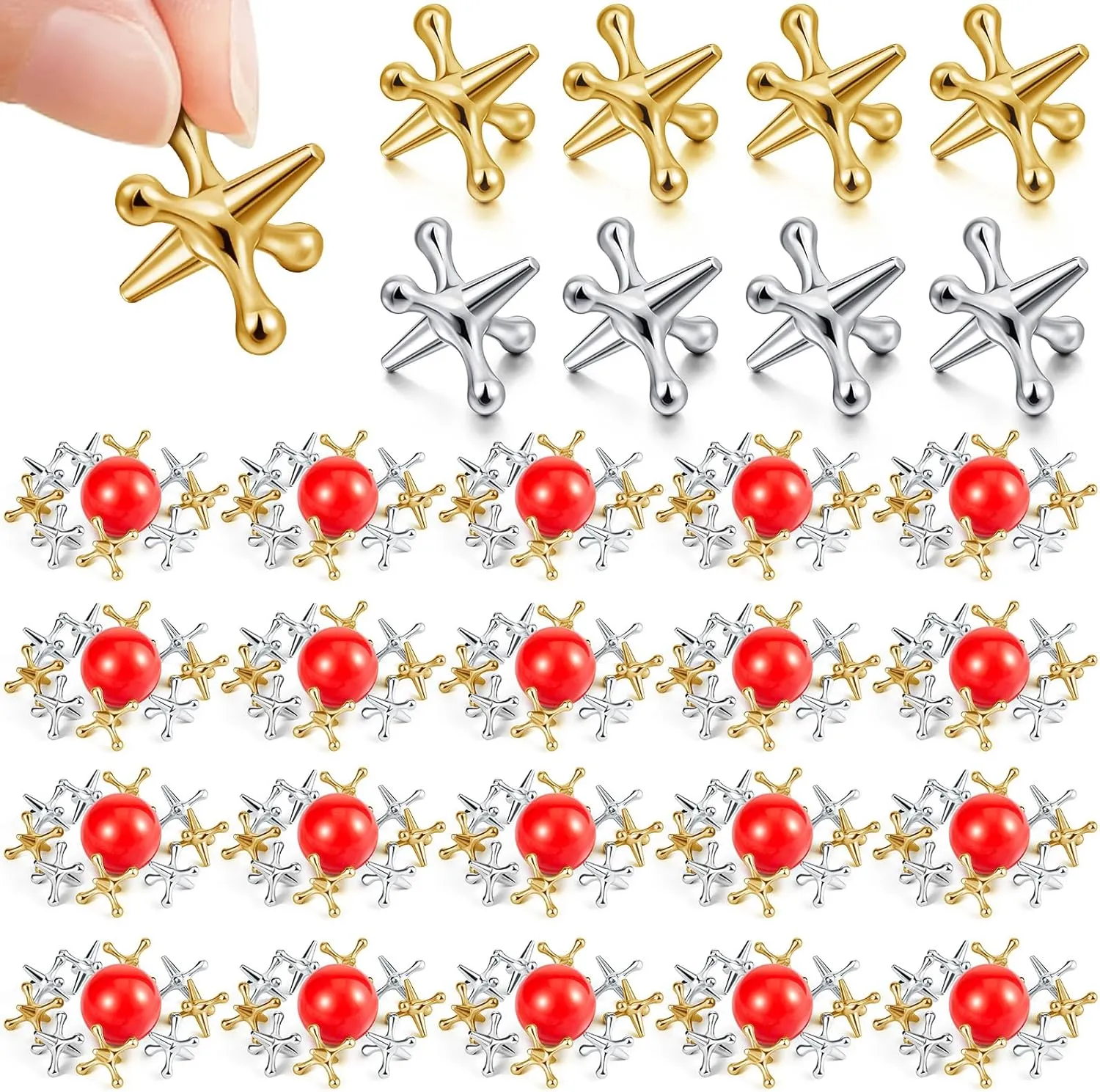 Libima 20 Sets Metal Jacks Game with Ball Bulk Christmas Child Include 200 Pcs Gold and Silver Jacks and 20 Pcs Red Rubber Balls Classic Jax Game Toys for Teens Adult Game Prizes