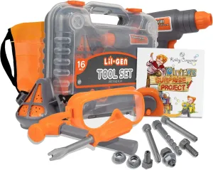 Li'l-Gen Kids Tool Set with Book, 16 Pieces Tools Plus Case - Includes Oliver's Surprise Project! Book Pretend Play Toys for Boys and Girls Age 3 
