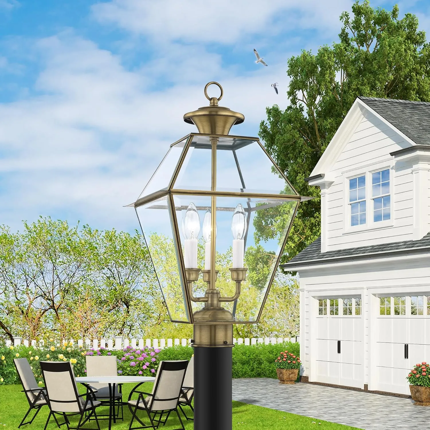 Livex Lighting Lantern 2384-01 Westover 3-Light Outdoor Post Head, Antique Brass