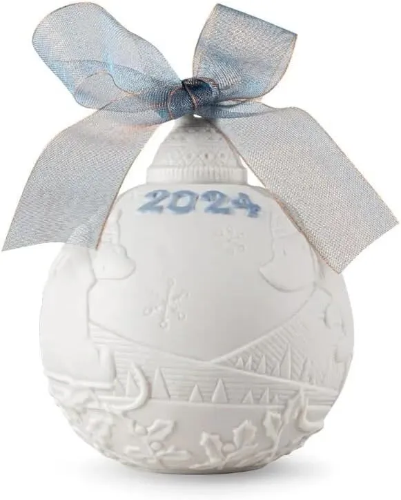 LLADRÓ Christmas Ball 2024 Blue. Decorative Ornament in Matte Porcelain with Blue Details. Porcelain Christmas Ball #18480