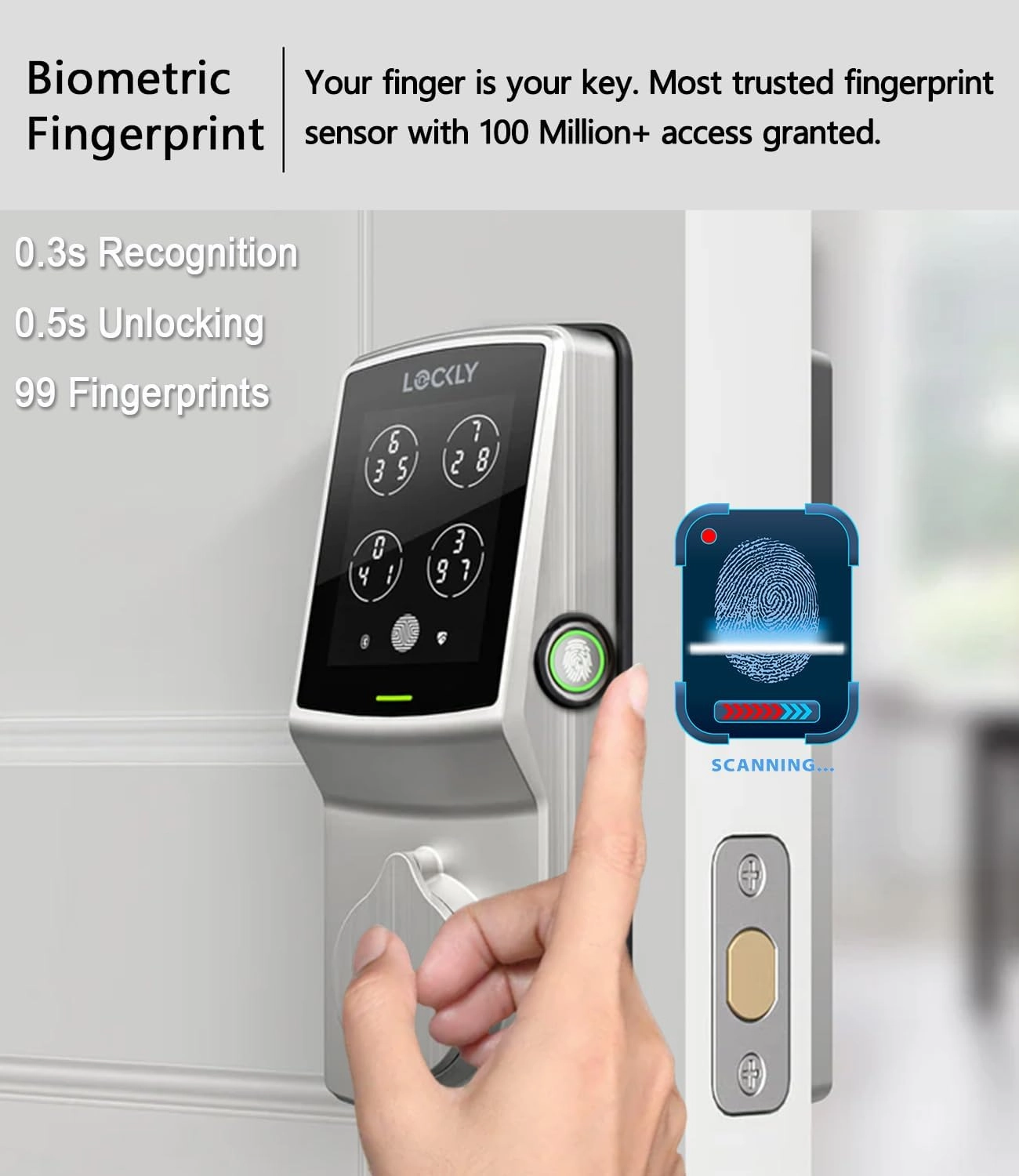 Lockly Secure Pro Deadbolt, Wi-Fi Smart Lock, Keyless Entry Door Lock, Smart Locks for Any Doors, PIN Genie® Keypad, 3D Biometric Fingerprint Sensor, Auto Lock, Rekeying Capability - Satin Nickel
