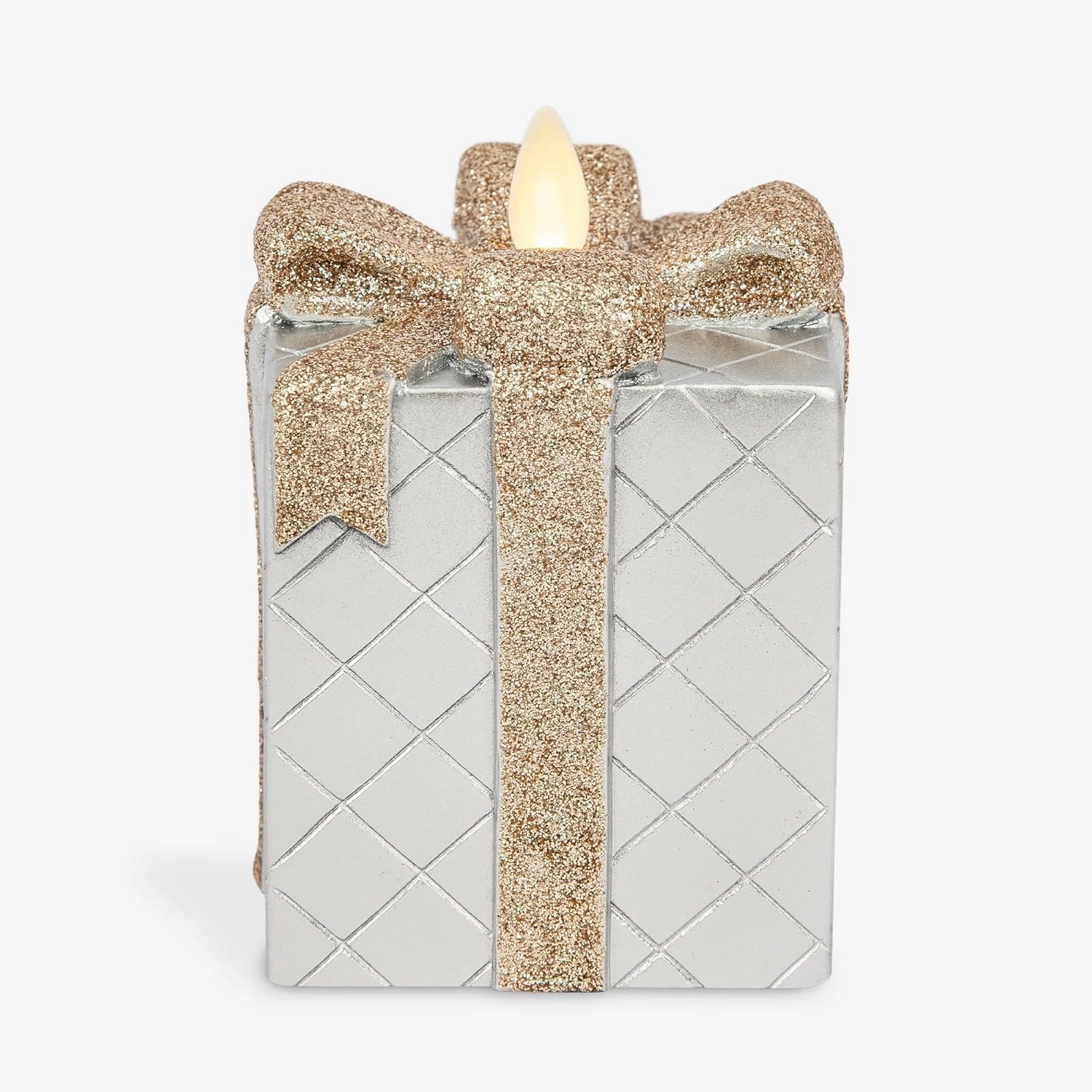 Luminara - Flameless Holiday LED Candle Battery Operated Moving Flame - Silver Gift Box - Pack of 1-3x4.25 - Glitter Ribbon with 5-Hour Timer Candle