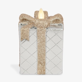 Luminara - Flameless Holiday LED Candle Battery Operated Moving Flame - Silver Gift Box - Pack of 1-3x4.25 - Glitter Ribbon with 5-Hour Timer Candle