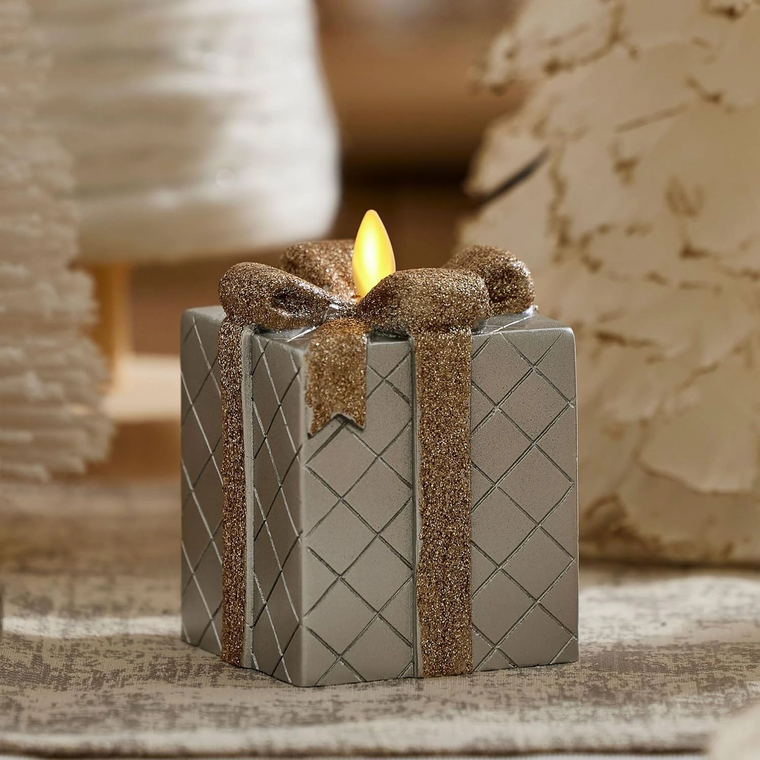 Luminara - Flameless Holiday LED Candle Battery Operated Moving Flame - Silver Gift Box - Pack of 1-3x4.25 - Glitter Ribbon with 5-Hour Timer Candle