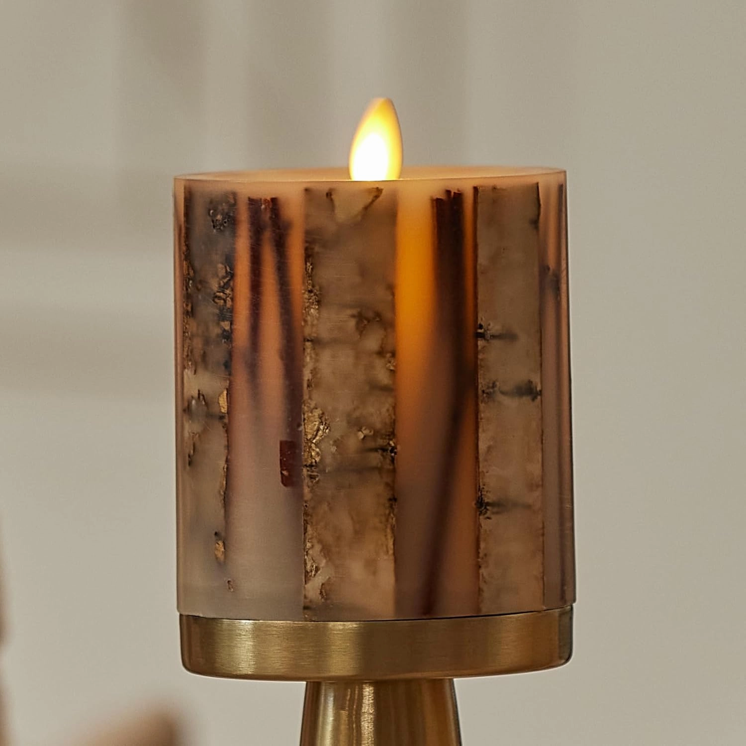 Luminara Embedded Birch Twigs Flameless LED Candle, 3.5" x 4.5", Moving Flame Real Wax Unscented, Battery Operated, Decorative Home Lighting Safe