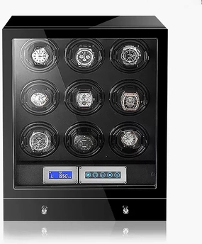 Luxury Automatic Watch Winder For 2 3 4 6 9 Watches With Quiet Japanese Motor Wood Shell And Black Leather With LED Lights And LCD Watch Storage Case (Size : 9 0)
