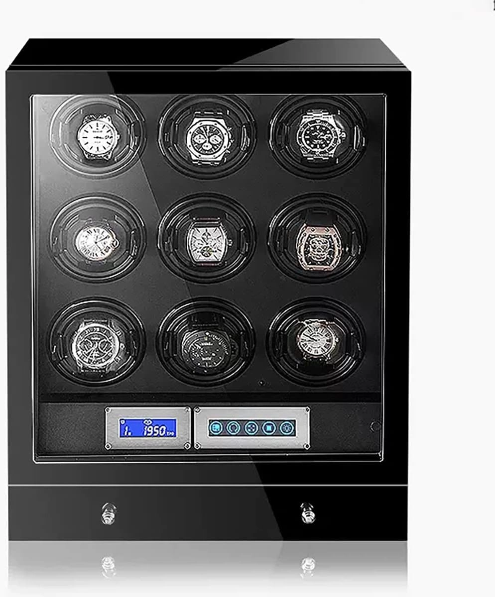 Luxury Automatic Watch Winder For 2 3 4 6 9 Watches With Quiet Japanese Motor Wood Shell And Black Leather With LED Lights And LCD Watch Storage Case (Size : 9 0)