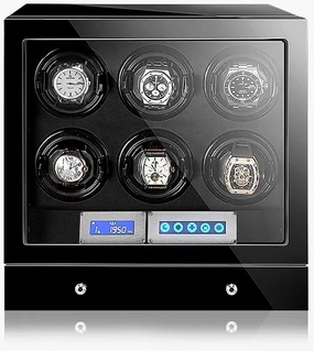 Luxury Automatic Watch Winder Watches With Quiet Japanese Motor Wood Shell And Black Leather With LED Lights And LCD Watch Storage Case (6 0)