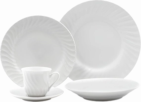 Lynns Paradise Imperial White 40pc Dinnerware Set Embossed Swirl Porcelain, Elegant Versatility, Glossy Classic Finish Service for 8 with Dinner Plates, Bowls, Cups, and Saucers