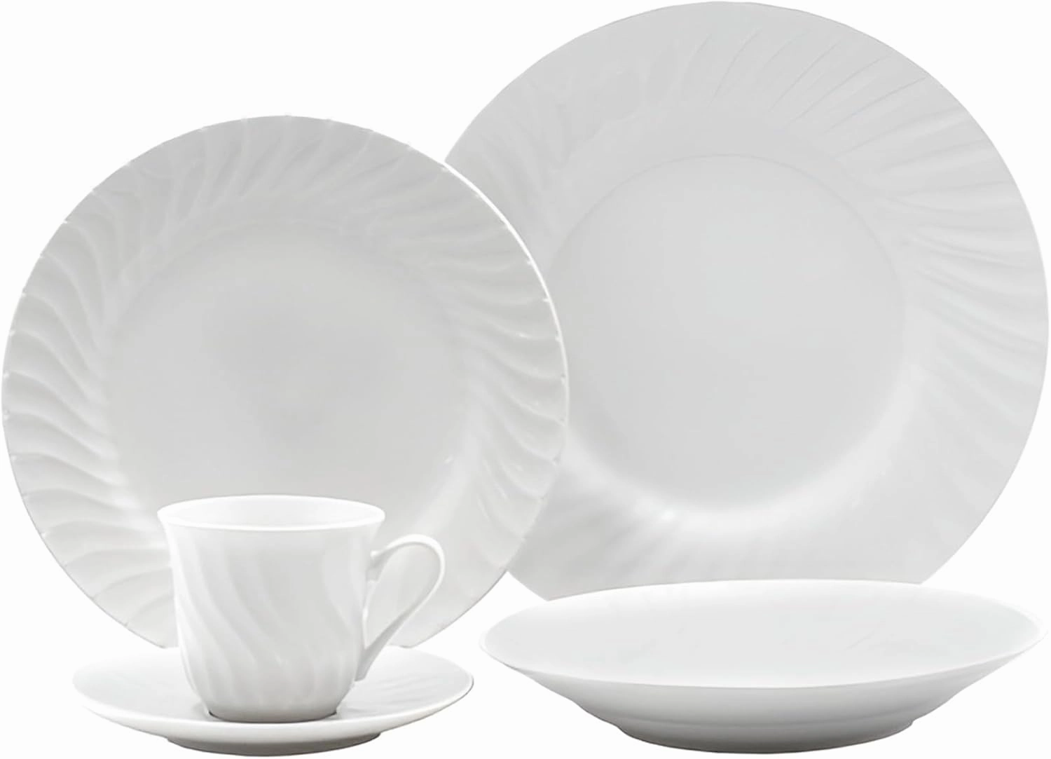 Lynns Paradise Imperial White 40pc Dinnerware Set Embossed Swirl Porcelain, Elegant Versatility, Glossy Classic Finish Service for 8 with Dinner Plates, Bowls, Cups, and Saucers