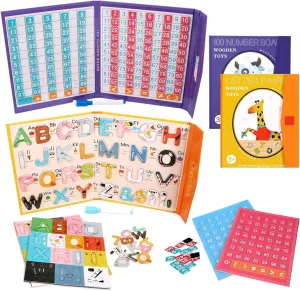 Magnetic Alphabet Letters Numbers Board Puzzle Books with 26 Magnet Uppercase Letters and Number Tiles 1-100 Educational Learning Toy for Kids with 2 Dry-Erase Markers (Letters and Numbers)