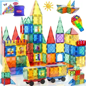 Magnetic Tiles 104PCS with 2 Cars – Montessori Magnetic Blocks for Toddlers | Sensory Toys, Outdoor Activities, Classroom Must Haves, 3 Year Old Girl Gifts, Toys for 3 Year Old Boys