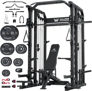 Major Fitness Drone2 Strength Training Smith Machines – All-in-One Home Gym Squat Rack with Weight Bar, Dual LAT Pull-Down Systems & Cable Crossover Machine for Full-Body Workouts