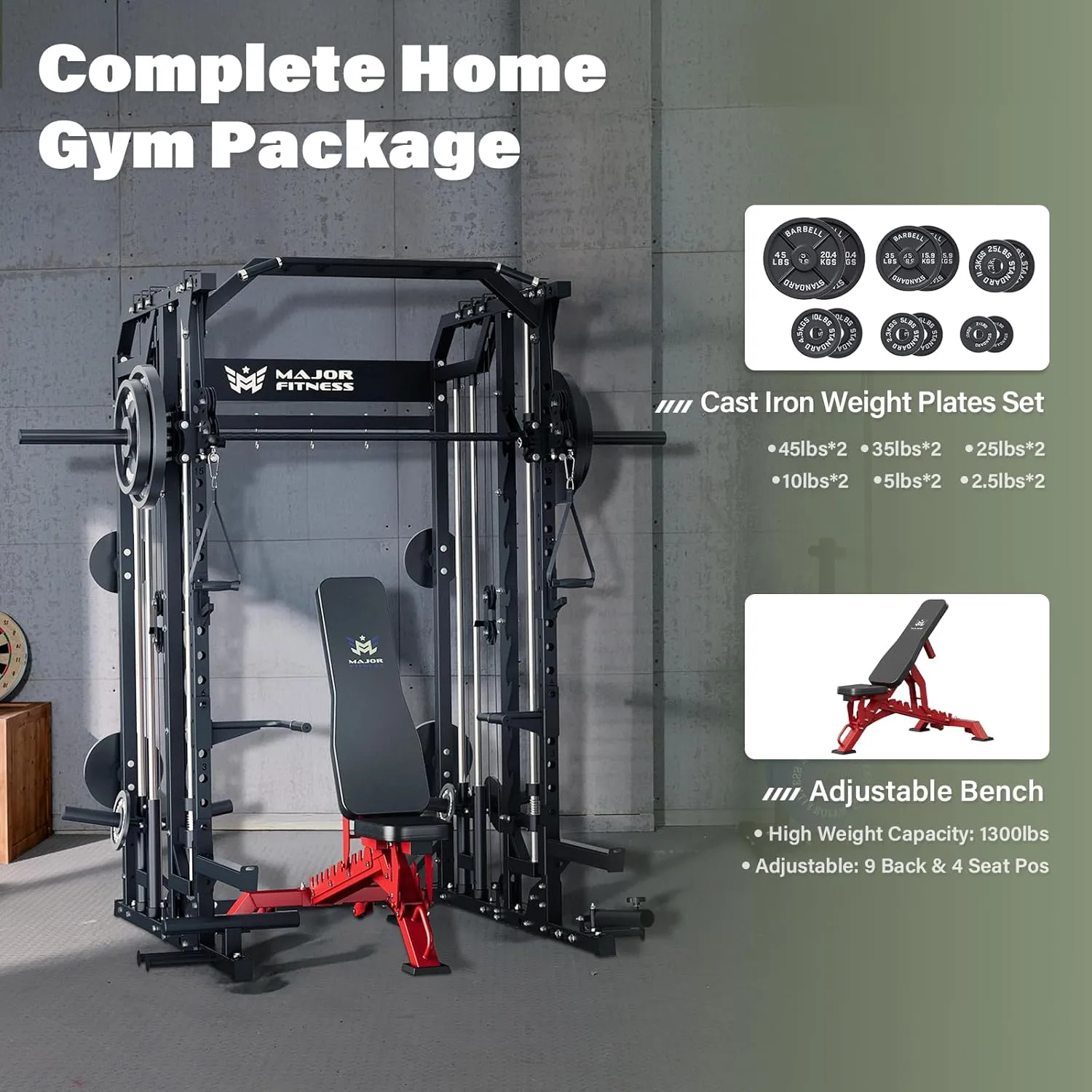 Major Fitness Drone2 Strength Training Smith Machines – All-in-One Home Gym Squat Rack with Weight Bar, Dual LAT Pull-Down Systems & Cable Crossover Machine for Full-Body Workouts