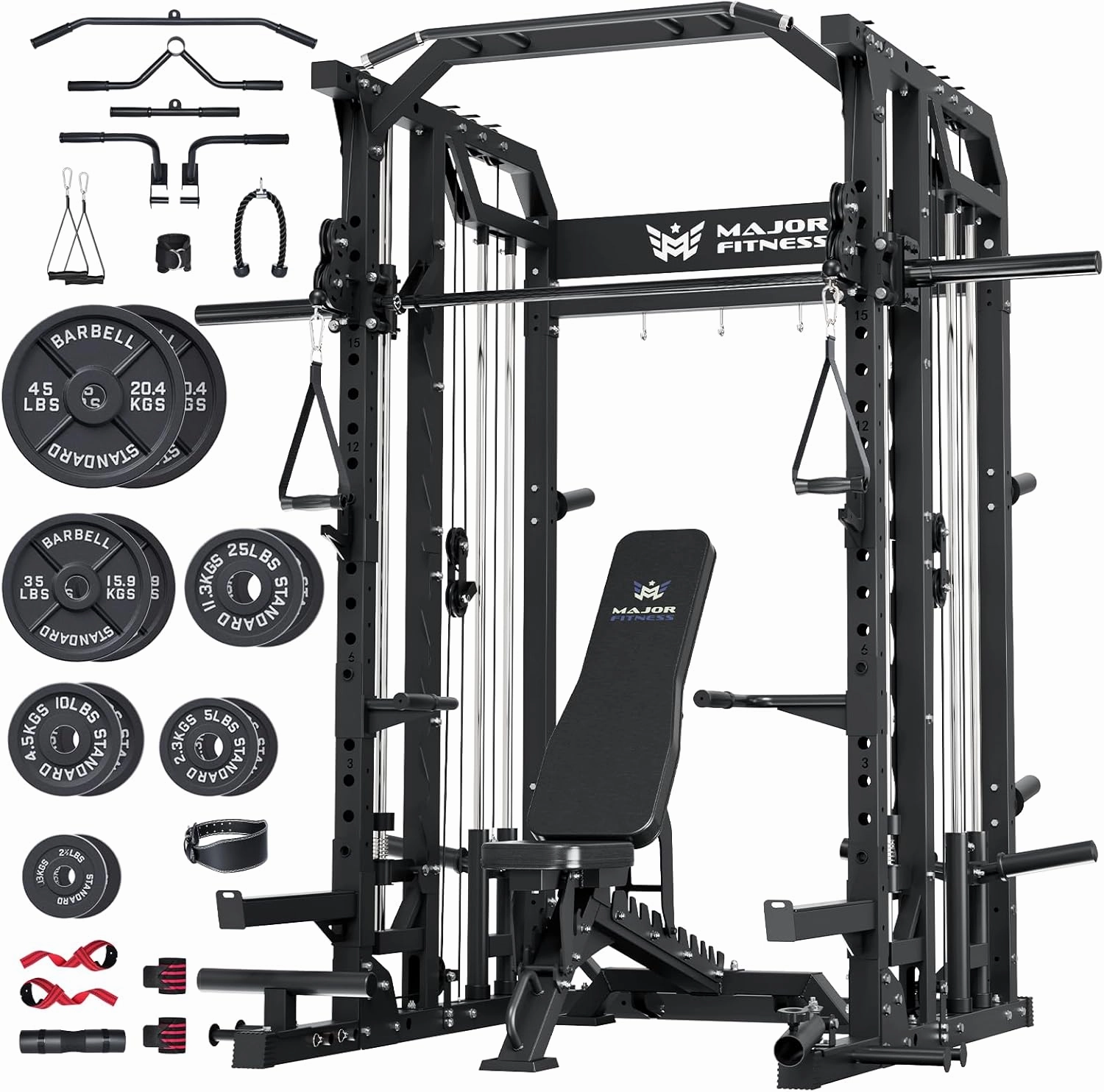 Major Fitness Drone2 Strength Training Smith Machines – All-in-One Home Gym Squat Rack with Weight Bar, Dual LAT Pull-Down Systems & Cable Crossover Machine for Full-Body Workouts