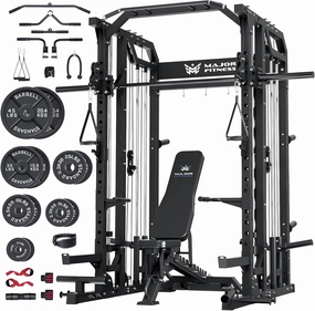Major Fitness Drone2 Strength Training Smith Machines – All-in-One Home Gym Squat Rack with Weight Bar, Dual LAT Pull-Down Systems & Cable Crossover Machine for Full-Body Workouts