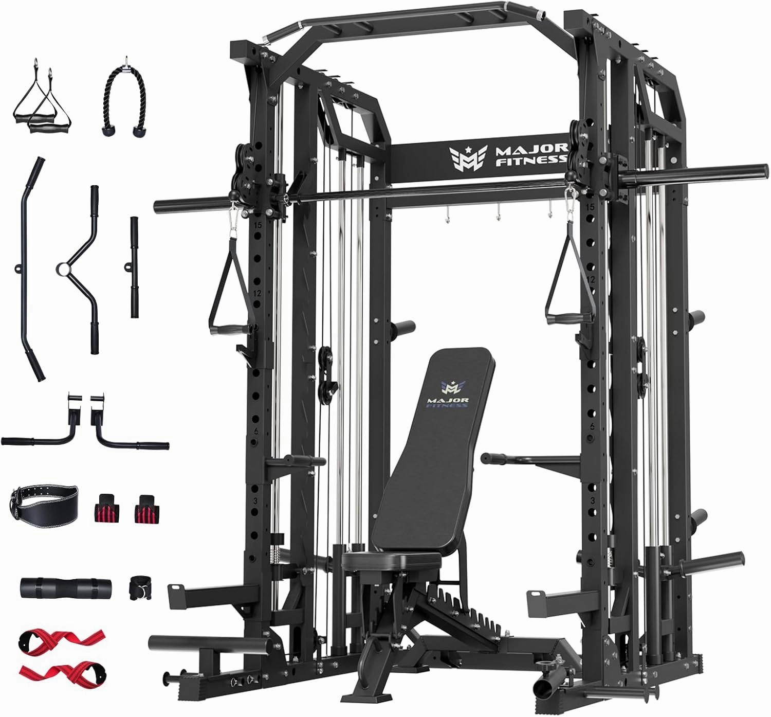 Major Fitness Drone2 Strength Training Smith Machines – All-in-One Home Gym Squat Rack with Weight Bar, Dual LAT Pull-Down Systems & Cable Crossover Machine for Full-Body Workouts