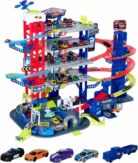 Majorette – Super Chase Center – Car Park with 6 storeys, with car Chase Scene, Toy car Park for Children Aged 5 and Above, Includes Toy Cars, Train, Elevator, Light and Sound Effects