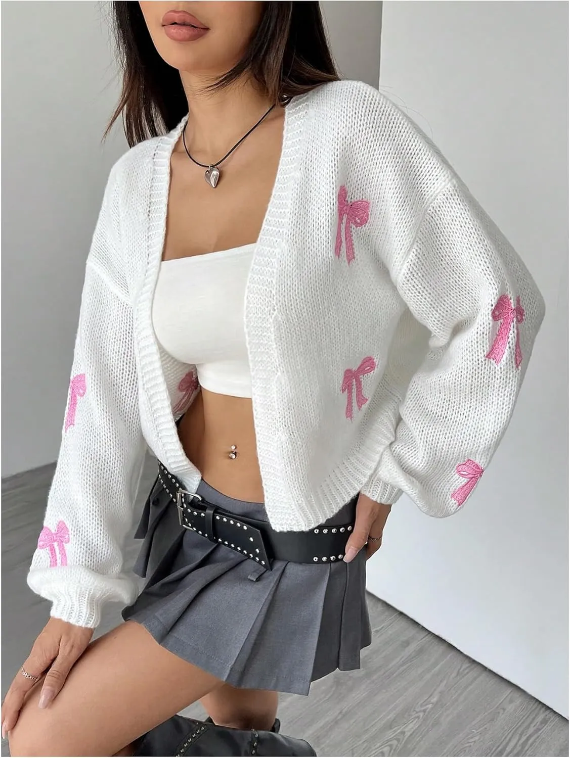 MakeMeChic Women's Cute Cropped Cable Knit Lightweight Cardigan Lantern Sleeve Open Front Cardigan Sweaters