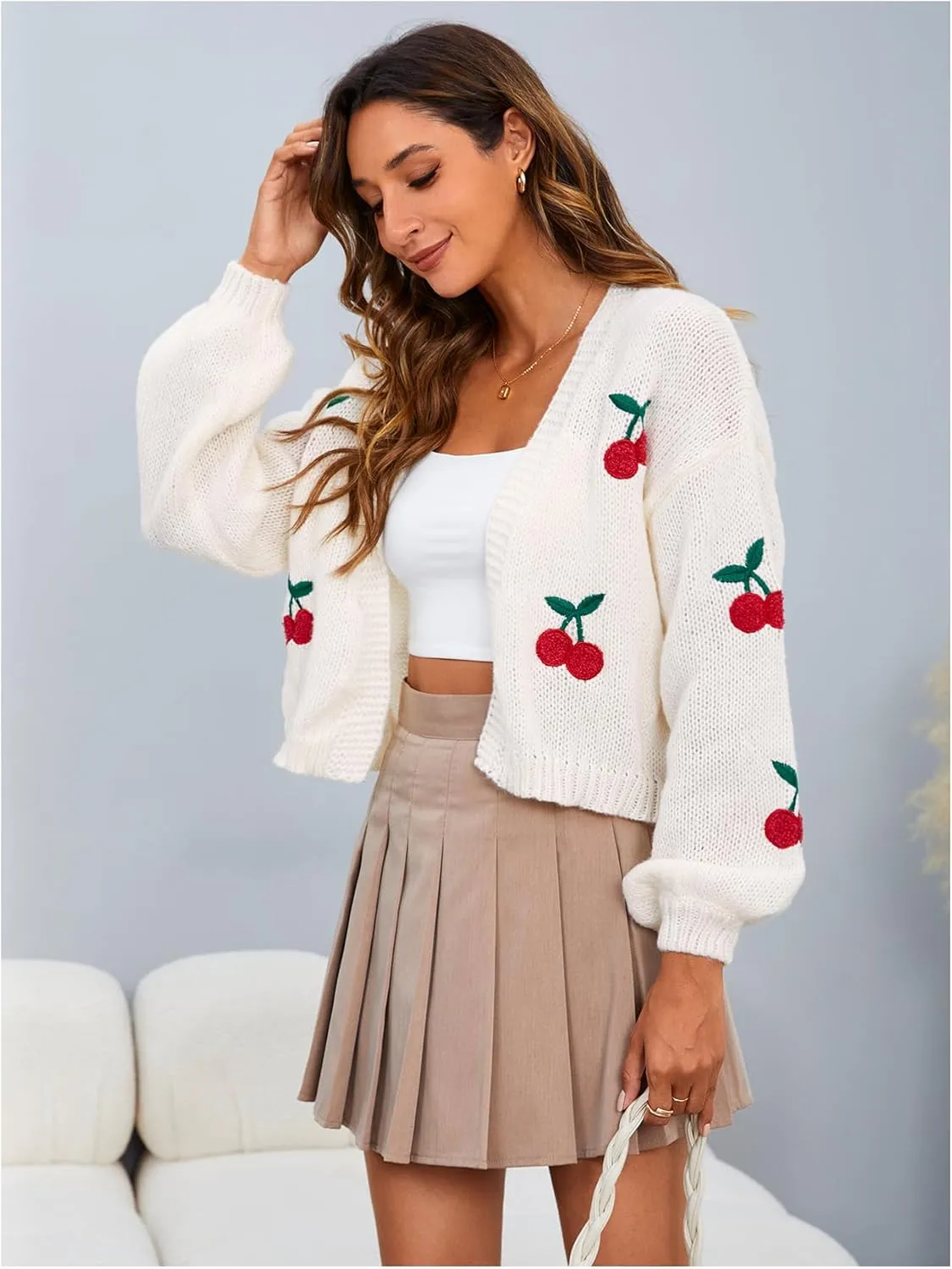 MakeMeChic Women's Cute Cropped Cable Knit Lightweight Cardigan Lantern Sleeve Open Front Cardigan Sweaters