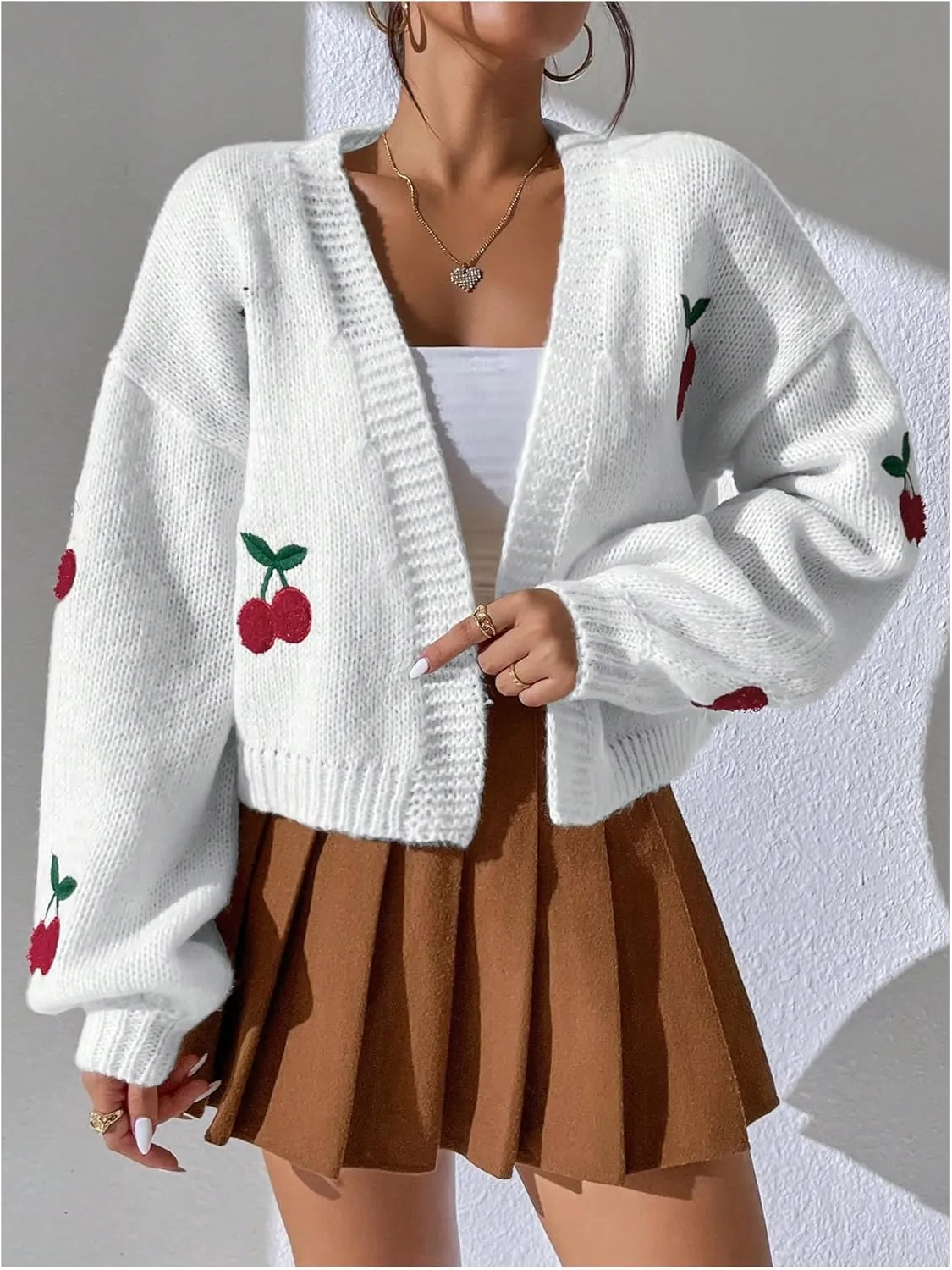 MakeMeChic Women's Cute Cropped Cable Knit Lightweight Cardigan Lantern Sleeve Open Front Cardigan Sweaters