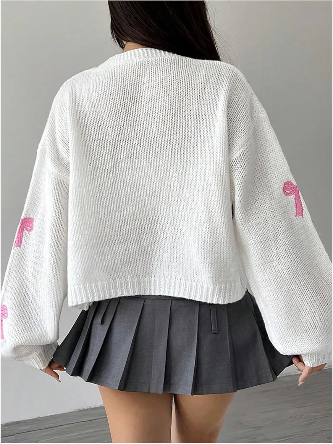 MakeMeChic Women's Cute Cropped Cable Knit Lightweight Cardigan Lantern Sleeve Open Front Cardigan Sweaters
