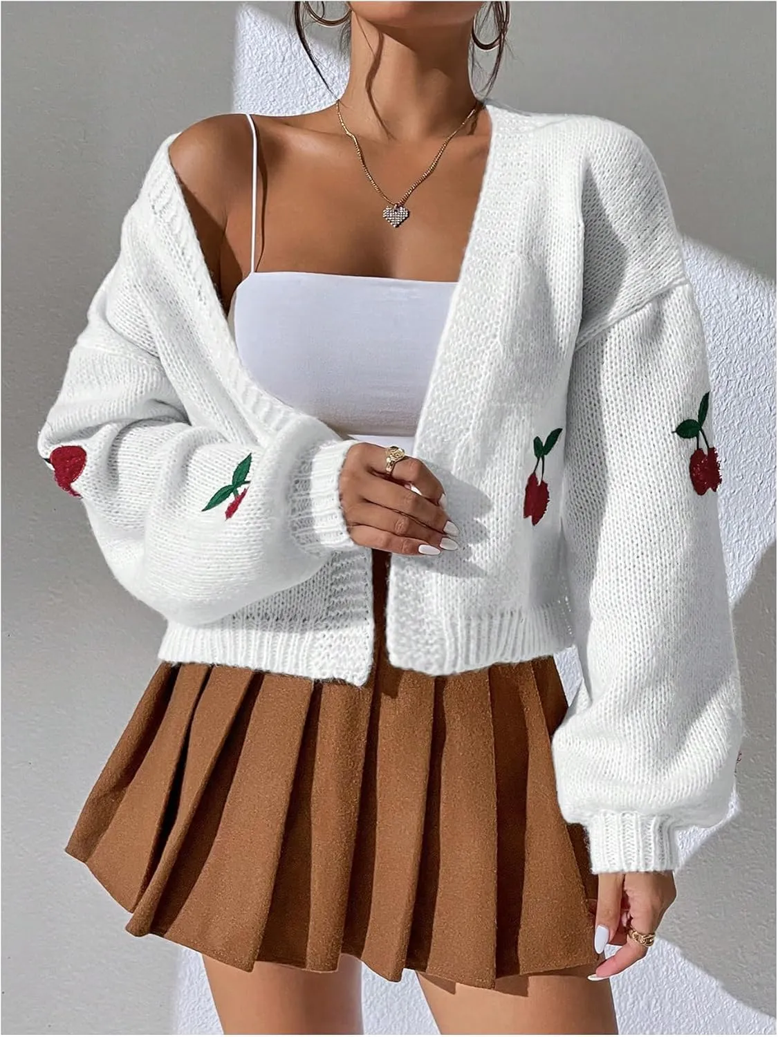 MakeMeChic Women's Cute Cropped Cable Knit Lightweight Cardigan Lantern Sleeve Open Front Cardigan Sweaters