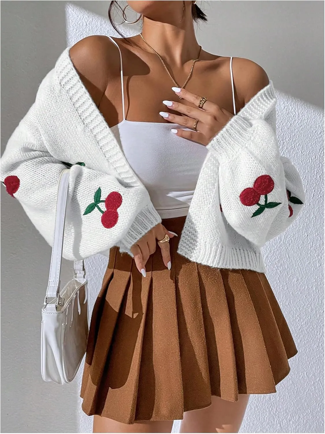 MakeMeChic Women's Cute Cropped Cable Knit Lightweight Cardigan Lantern Sleeve Open Front Cardigan Sweaters
