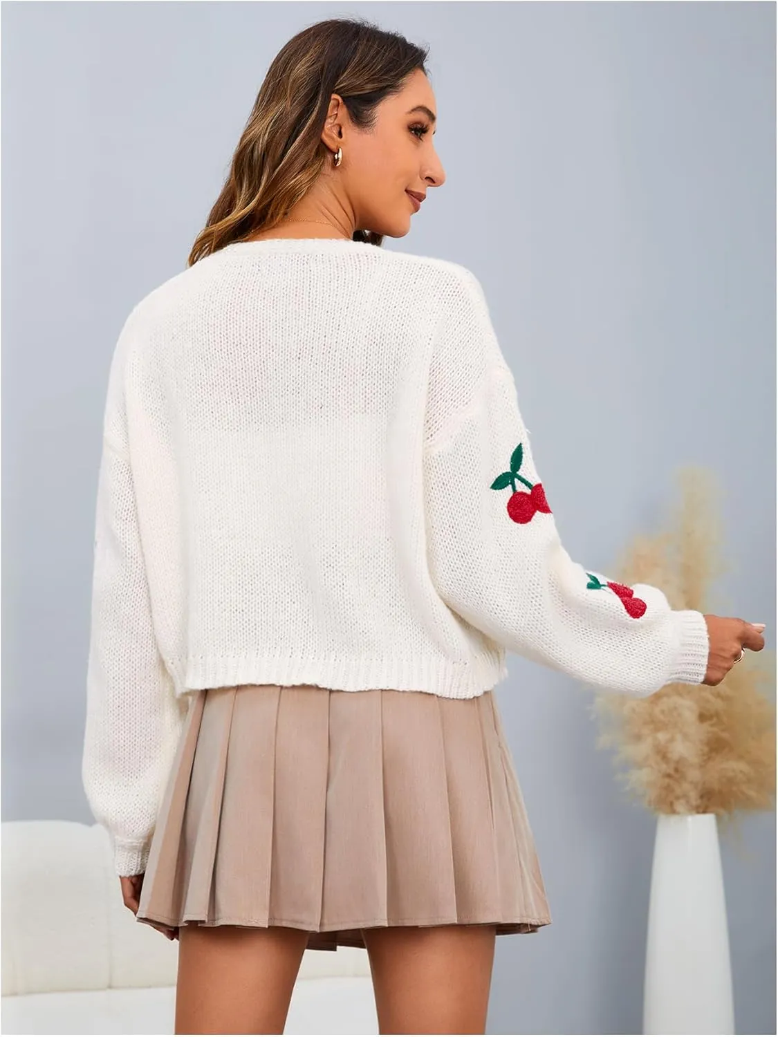 MakeMeChic Women's Cute Cropped Cable Knit Lightweight Cardigan Lantern Sleeve Open Front Cardigan Sweaters