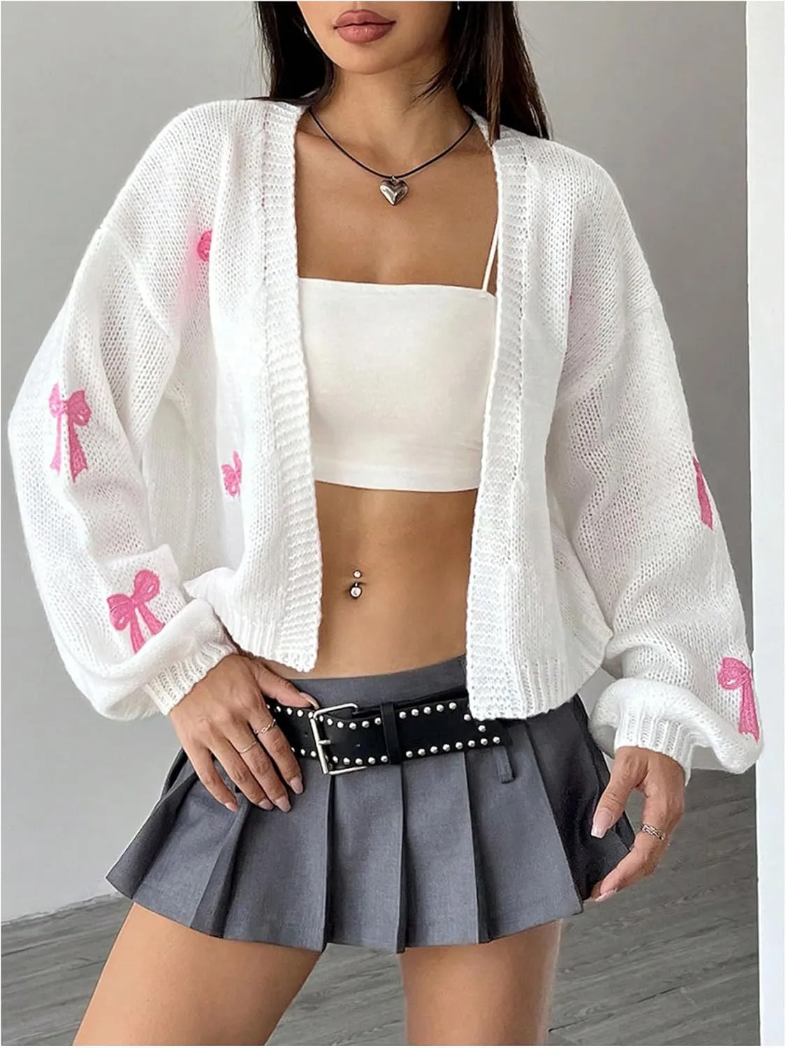 MakeMeChic Women's Cute Cropped Cable Knit Lightweight Cardigan Lantern Sleeve Open Front Cardigan Sweaters