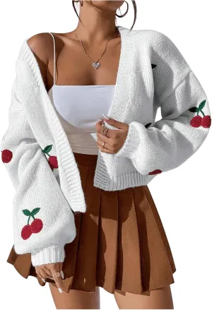 MakeMeChic Women's Cute Cropped Cable Knit Lightweight Cardigan Lantern Sleeve Open Front Cardigan Sweaters