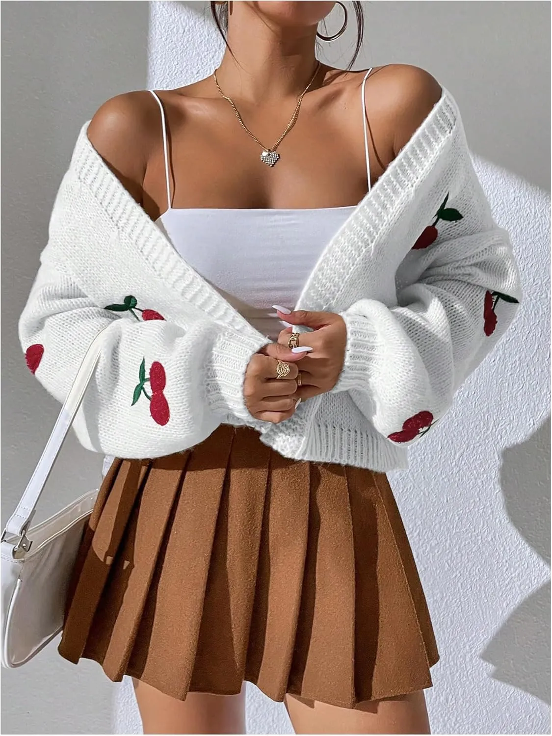 MakeMeChic Women's Cute Cropped Cable Knit Lightweight Cardigan Lantern Sleeve Open Front Cardigan Sweaters
