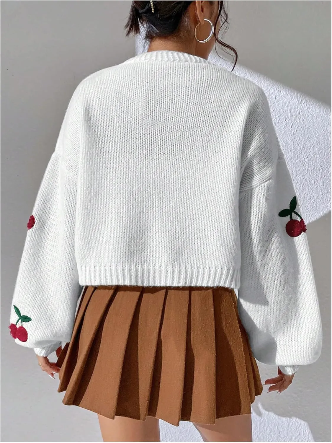 MakeMeChic Women's Cute Cropped Cable Knit Lightweight Cardigan Lantern Sleeve Open Front Cardigan Sweaters